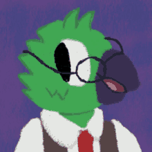 a drawing of a green bird wearing glasses and a vest