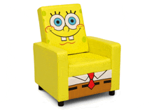 a yellow chair with a picture of spongebob on the back