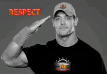 a man wearing a hat and a black shirt salutes with the word respect above him