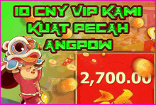 an advertisement for id eny vip kami kuat pecah angpow with a cartoon character