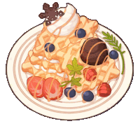 a plate of waffles with whipped cream and berries