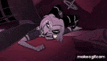 a cartoon character is laying on a bed with a sword in her mouth .