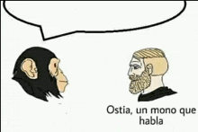 a chimpanzee and a man with a beard are talking to each other in a meme .