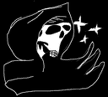 a drawing of a grim reaper with a hood and a skull on a black background .