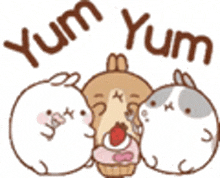 a cartoon of three rabbits eating ice cream and the words `` yum yum '' .