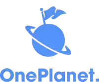 a blue logo for one planet with a flag on top of it