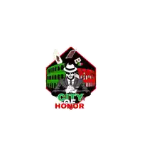 a logo for city of honor shows a man in a suit and hat