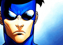 a close up of a cartoon superhero 's face with a blue mask and sunglasses .