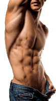 a shirtless man is taking off his jeans and showing off his muscles