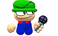 a cartoon character wearing a green hat and blue overalls holds a microphone