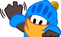 a cartoon character wearing a blue knight 's helmet is waving his hand