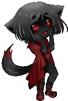 a drawing of a girl with red eyes and a black tail