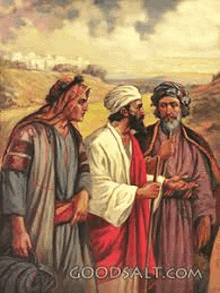 a painting of three men standing next to each other .