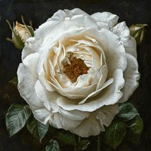 a painting of a white rose with green leaves