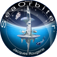 a jacques rougerie logo with a spaceship in the middle