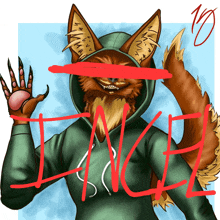 a drawing of a fox wearing a green hoodie with the word lance on it