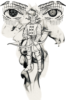 a drawing of a man holding a bow and arrow in front of two eyes