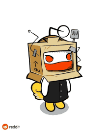 a cartoon character with a cardboard box on his head and the word reddit on the bottom