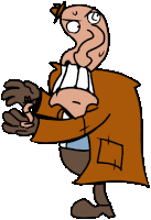 a cartoon drawing of a man wearing a brown jacket