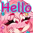 a cartoon girl with pink hair is holding a heart and saying hello .