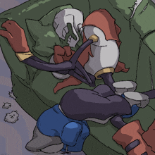 a drawing of a skeleton laying on a green couch