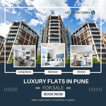 an advertisement for luxury flats in pune shows three different rooms