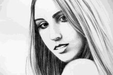 a black and white drawing of a woman 's face with long hair