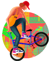 an illustration of a person riding a bike with a tank top that says " jesus " on it