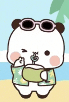 a cartoon panda bear wearing sunglasses is drinking a coconut milkshake on the beach .