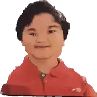 a young boy wearing a red polo shirt with a pizza hut logo on it