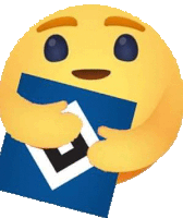 a yellow smiley face is holding a blue and white square .