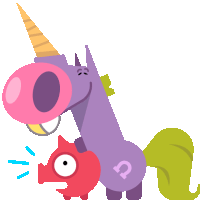 a purple unicorn is holding a red piggy bank