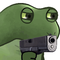 a cartoon frog is pointing a gun at someone