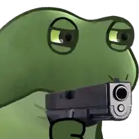 a cartoon frog is pointing a gun at someone