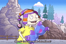 a cartoon character is holding a purple balloon and says sweet can you make intestines