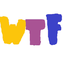 the word wtf is written in purple and yellow on a white background