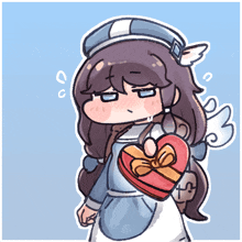 a drawing of a girl with wings holding a heart shaped box