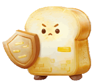 a cartoon drawing of a slice of bread with a shield on it