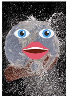 a cartoon of the earth with blue eyes and a red mouth