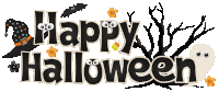 a happy halloween sign with a witch hat and a ghost