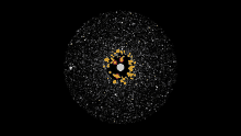 a black background with a circle of stars and a red yellow and blue center