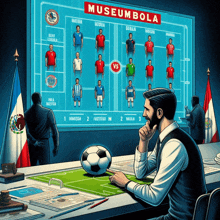 a man sits at a desk in front of a large screen that says museumbola