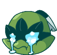 a cartoon drawing of a green leaf with tears coming out of its eyes