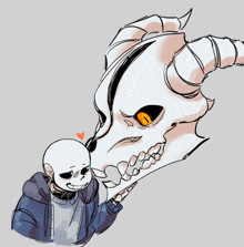 a drawing of a skeleton standing next to a large skull with horns