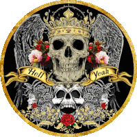 a skull with a crown and wings has a banner that says hell yeah on it