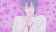 a boy with glasses is surrounded by pink hearts on a pink background