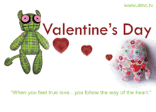 a valentine 's day poster with two stuffed animals and hearts