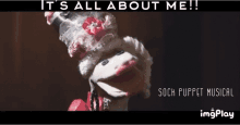 a sock puppet with the words it 's all about me written above it