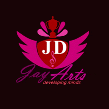 a logo for jay arts developing minds with pink wings and a trophy