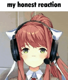 a girl wearing headphones and a microphone says my honest reaction .